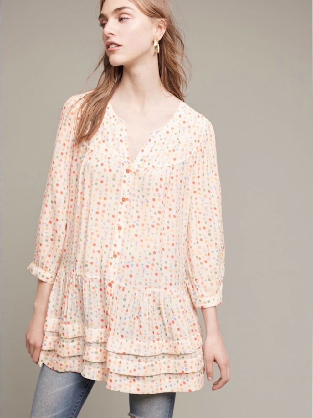 Maeve Cream Tunic Top with Multicolor Confetti Print S